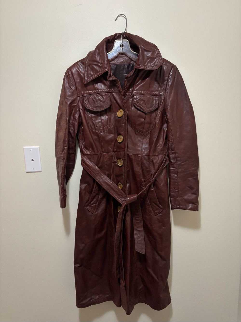 Vintage 90s Women's Genuine Leather Belted Long Trench Coat (Chocolate Brown)